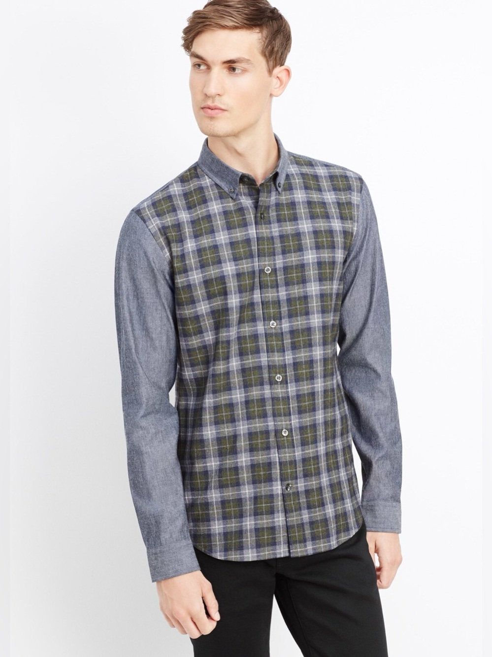 Vince Melrose Chambray Plaid Blocked Button Down Shirt - Size M
